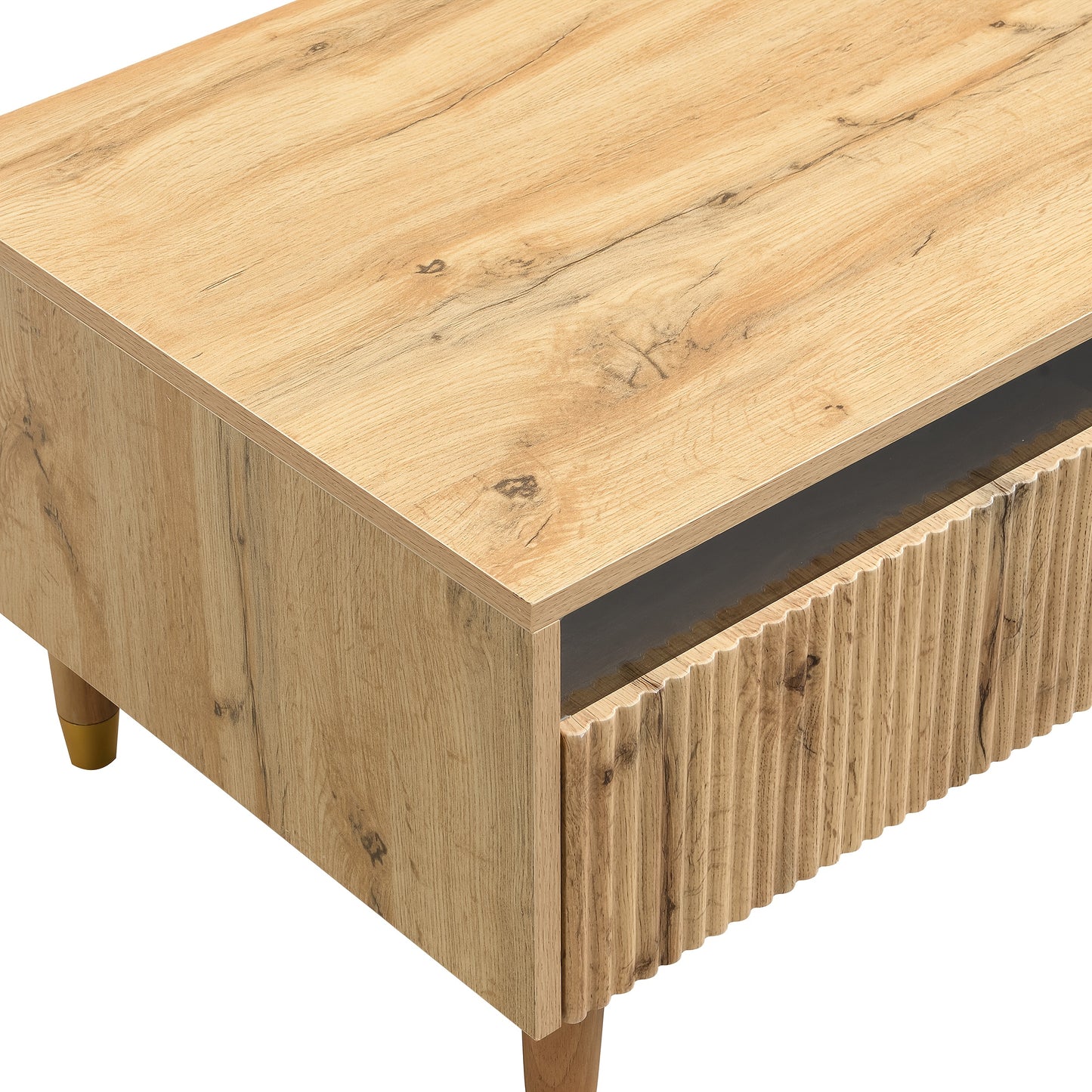 Modern Coffee Table with Wavy Drawer Top & Golden Wood-Legged Design - 2-Drawer Storage, Sturdy Metal Frame, Easy Assembly, No Power Needed for Living Room, Bedroom, Office - Contemporary Style, Coffee Table for Living Room,