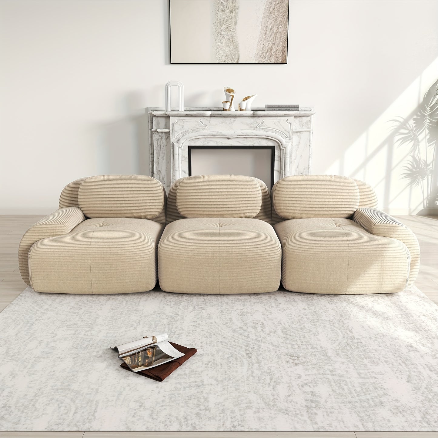 Bankstel – Bank – 3-zitsbank – Sofa – Zithoek – Ribcord Stof – Ergonomische Armleuningen – Modulair & Antislip - Beige