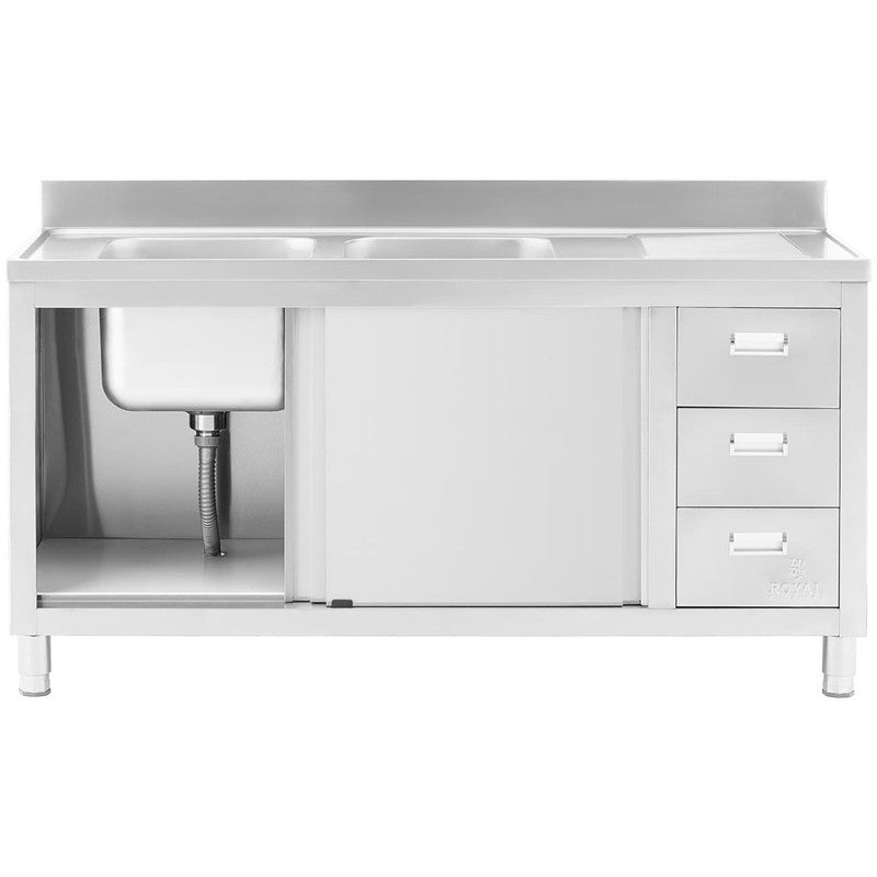 Spoelbak meubels – Keukenmeubel – Onderkast – Keukenkast – Kitchenette – Roestvrijstaal – Dubbele Spoelbak 160x60x95 cm – Schuifdeuren met 3 Lades