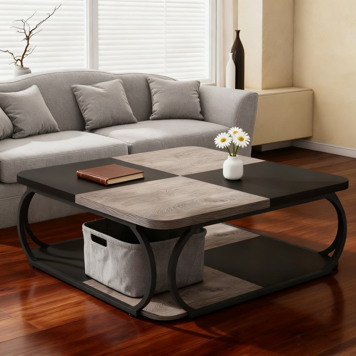 Salontafel – Koffietafel – Woonkamertafel – Bijzettafel – Theetafel – Vierkant – Met Open Plank – Stevig Metalen Frame – 99 cm – Rustiek Grijs Zwart