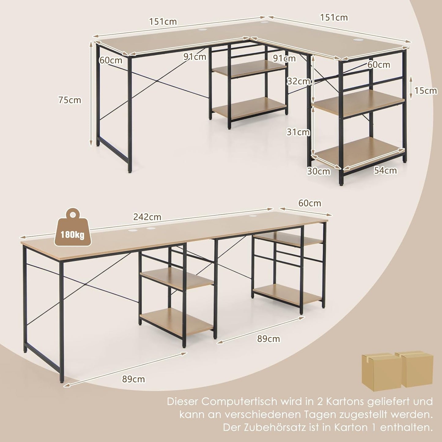 Hoekbureau – L-Vormig Bureau – Computerbureau – Gaming Bureau – Kantoor Bureau – 151x151x75 cm – Met 4 Opbergruimtes – Kabeldoorvoeren