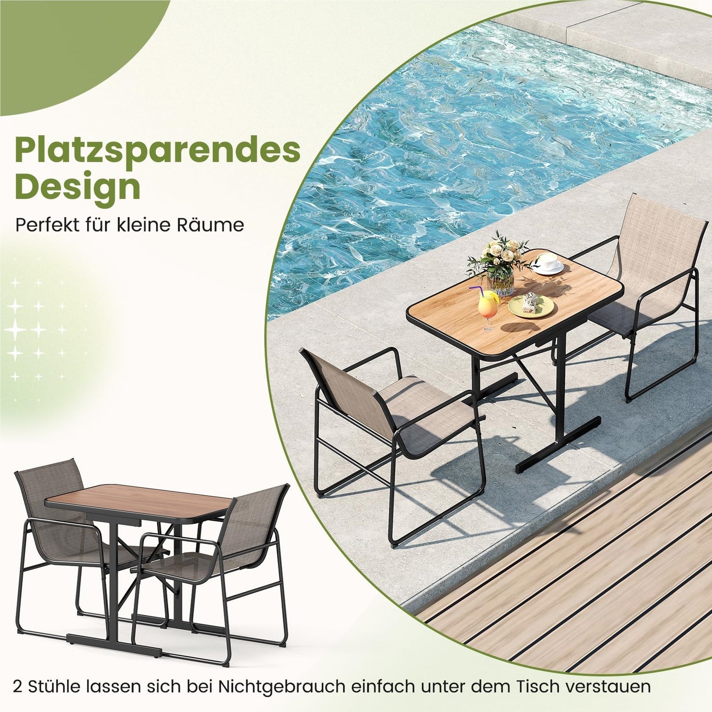 3-delige Tuinmeubelset – Bistroset – Balkonset – Terrasmeubilair – Tuinmeubilair – Ruimtebesparend Ontwerp – Comfortabele Ademend Stof – Zwart Frame Met Bruin Tafelblad