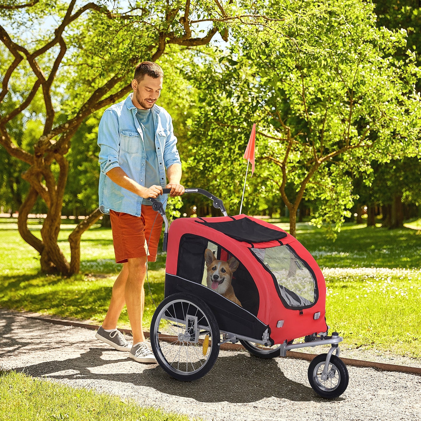 Fietskar Huisdieren – Hondenfietskar – Fietsaanhanger – Jogger – Hondenbuggy – 2-in-1 Ontwerp – Waterafstotend 600D Oxford – 360° Draaibaar Voorwiel – Veiligheidsharnas – Reflectoren – Rood/Zwart