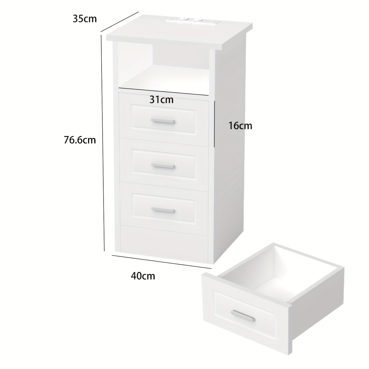 Nachtkast – Bijzettafel – Bedtafeltje – Opbergkast – Nachtkastje – Wit – 3 Lades + Open Vak – USB LED-Verlichting – Compact & Ruimtebesparend