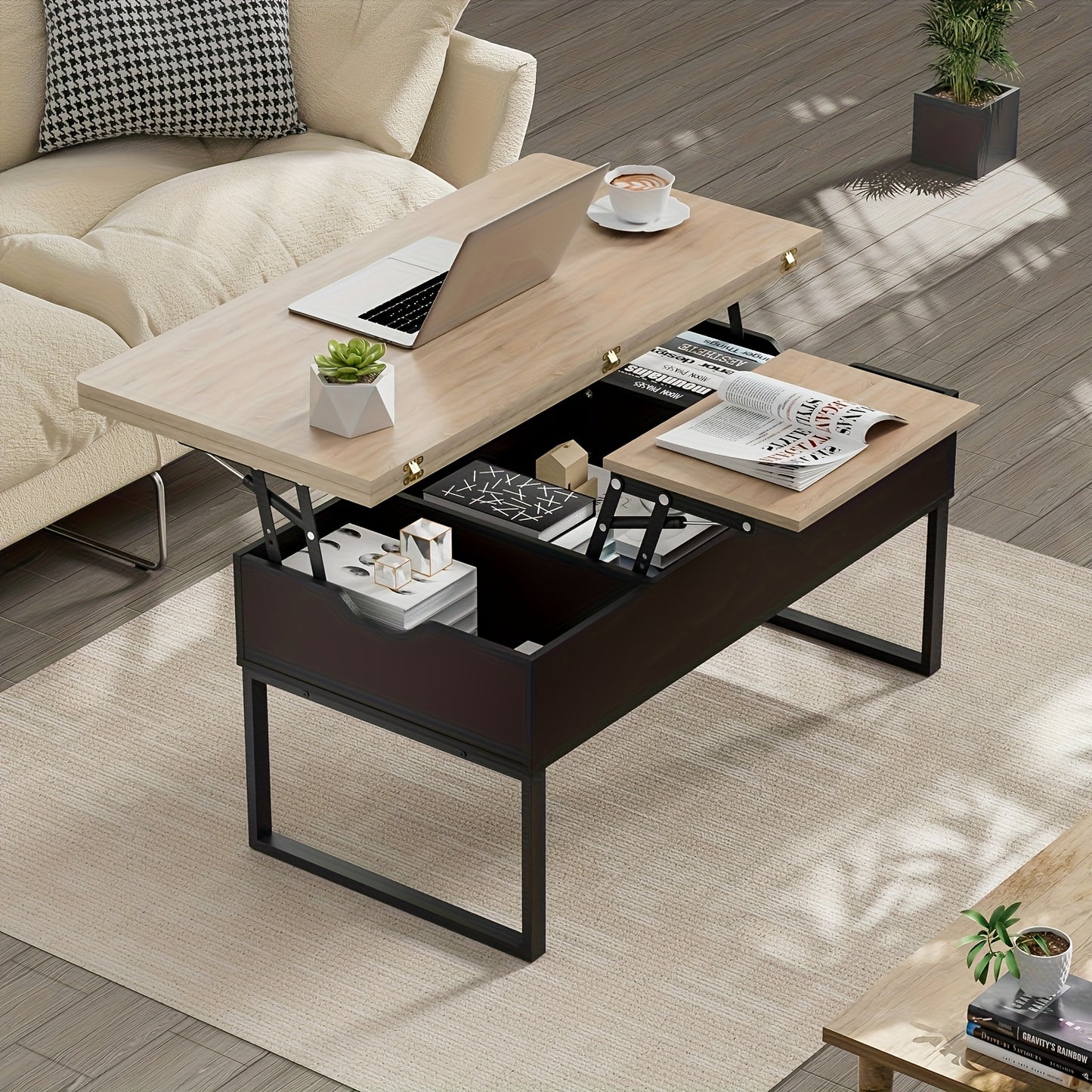 Salontafel – Koffietafel – Bijzettafel – Woonkamertafel – Eettafel – Verstelbaar Lift-Top – Ruime Opbergruimte – Compact 100x50/100x100 cm – MDF Houtbruin