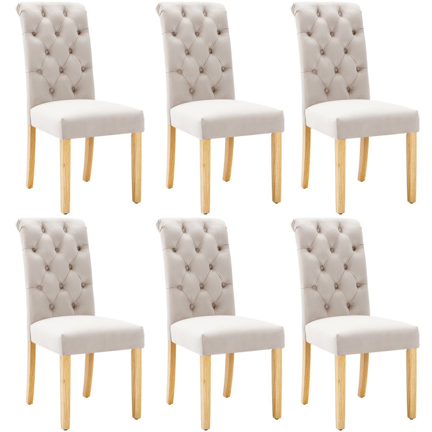 Eetkamerstoel – Stoel – Kuipstoel – Meubel – Lounge Stoel – Set Van 6 Beige Velvet Stoelen – Eikenhouten Poten – Metalen Frame