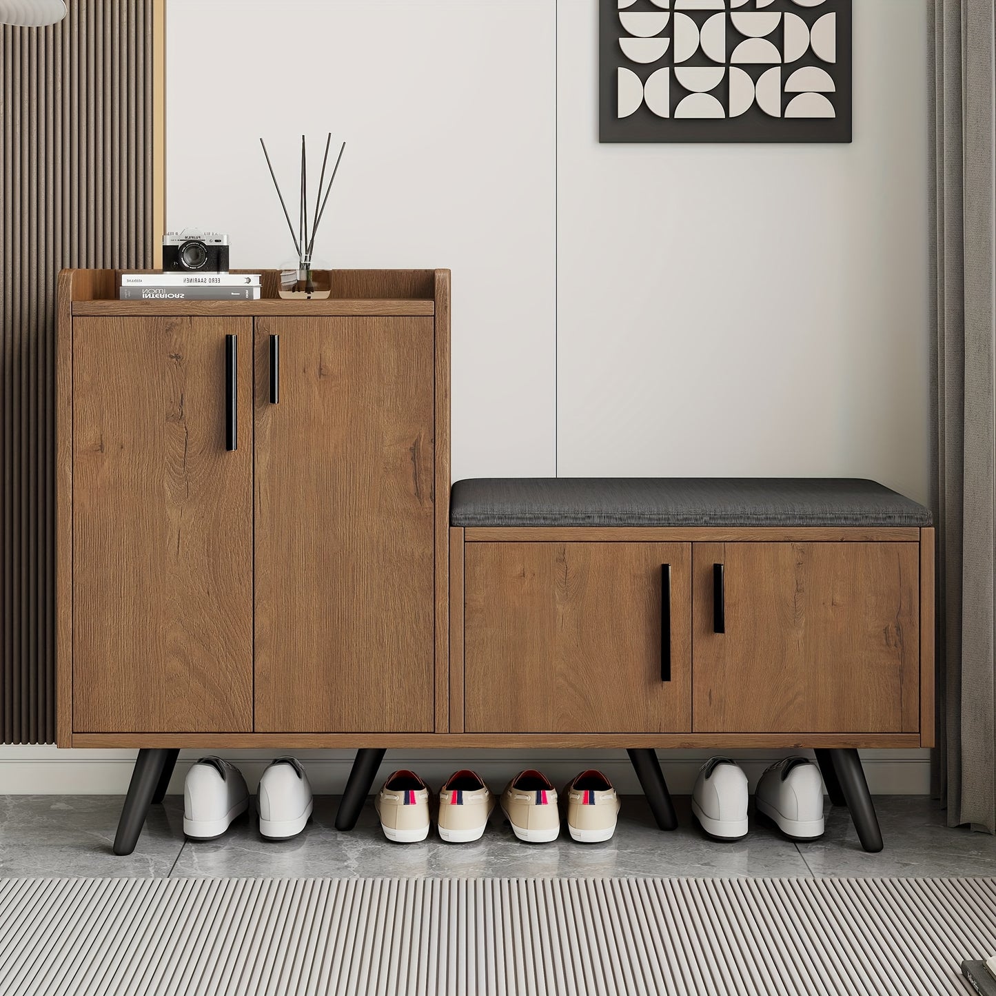 Schoenenbank – Schoenenkast – Schoenopberger – Halbank – Schoenenrek – Zwart – Hardhouten Materialen – 4 Deuren Met Opbergruimte