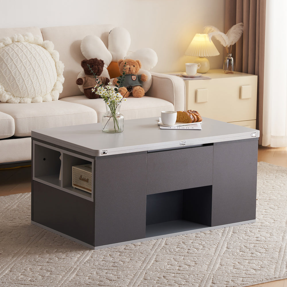 Salontafel – Tafel Voor Woonkamer – Koffietafel – Woonkamertafel – Bijzettafel – Verstelbaar Tafelblad – Met Opbergruimte – Metaal Grijs – Compact Design