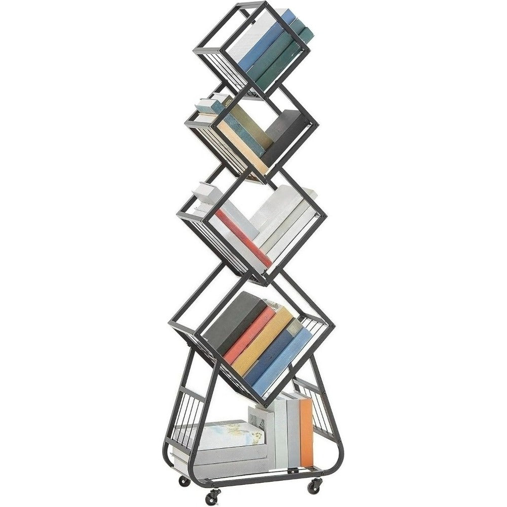 5-Laagse Metalen Boekenkast – Boekenkast – Boekenplank – Boekrek – Opbergrek – Zwart – Stevige Metalen Constructie – Wieltjes Met Rem