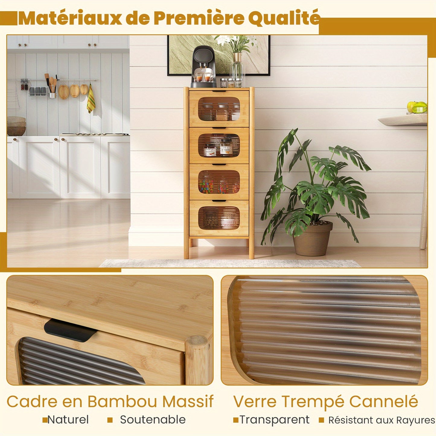 Opbergkast – Opbergmeubel – Ladenkast – Dressoir – Bamboekast – 4 Lades – Gehard Glas – Compact 40x40x97 cm