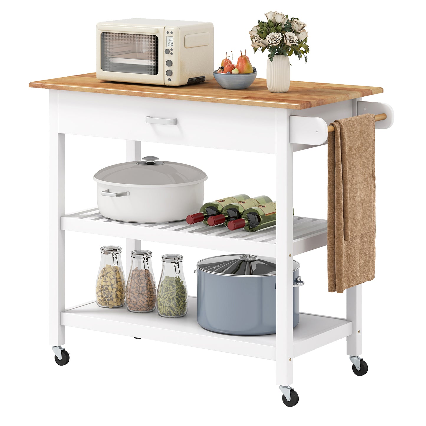 Keukeneiland – Keukenwagen – Serveertrolley – Opbergkar – Werktafel – 3 Lage Planken En Lade – Natuurlijk Hout En Witte Afwerking – Vergrendelbare Zwenkwielen