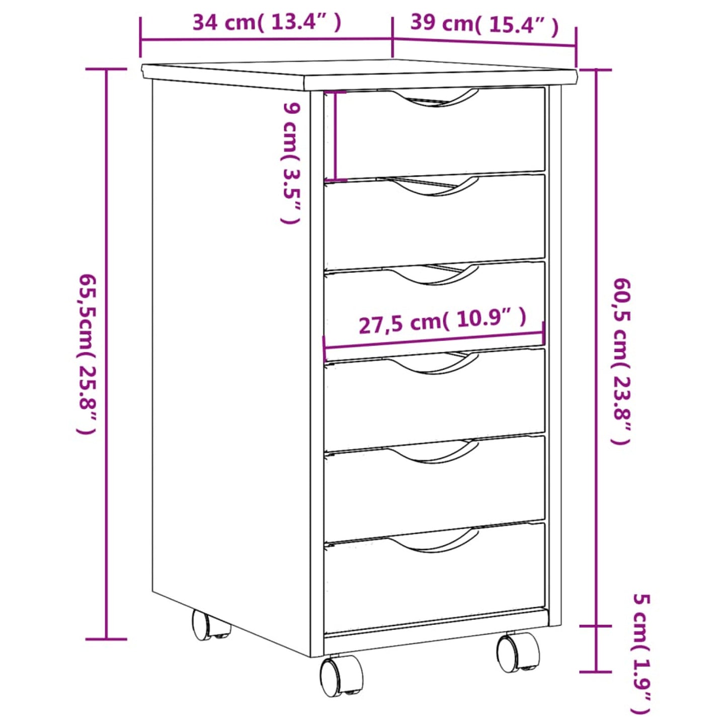 Rollende Opbergkast – Ladekast – Mobiele Kast – Opbergmeubel – Bureaukast – Massief Grenenhout – Zwenkwieltjes – Compact Formaat