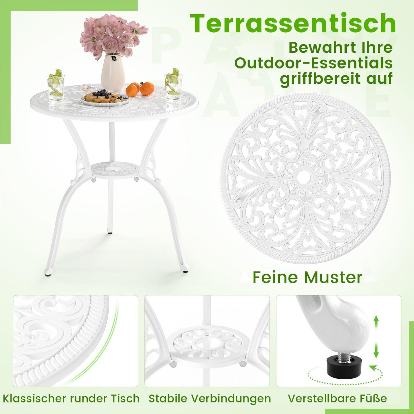 3-delige Tuinset – Bistroset – Balkonset – Terras Meubels – Patio Stoelen – Weerbestendig Aluminium – Stabiel Met Parasolgat – Wit