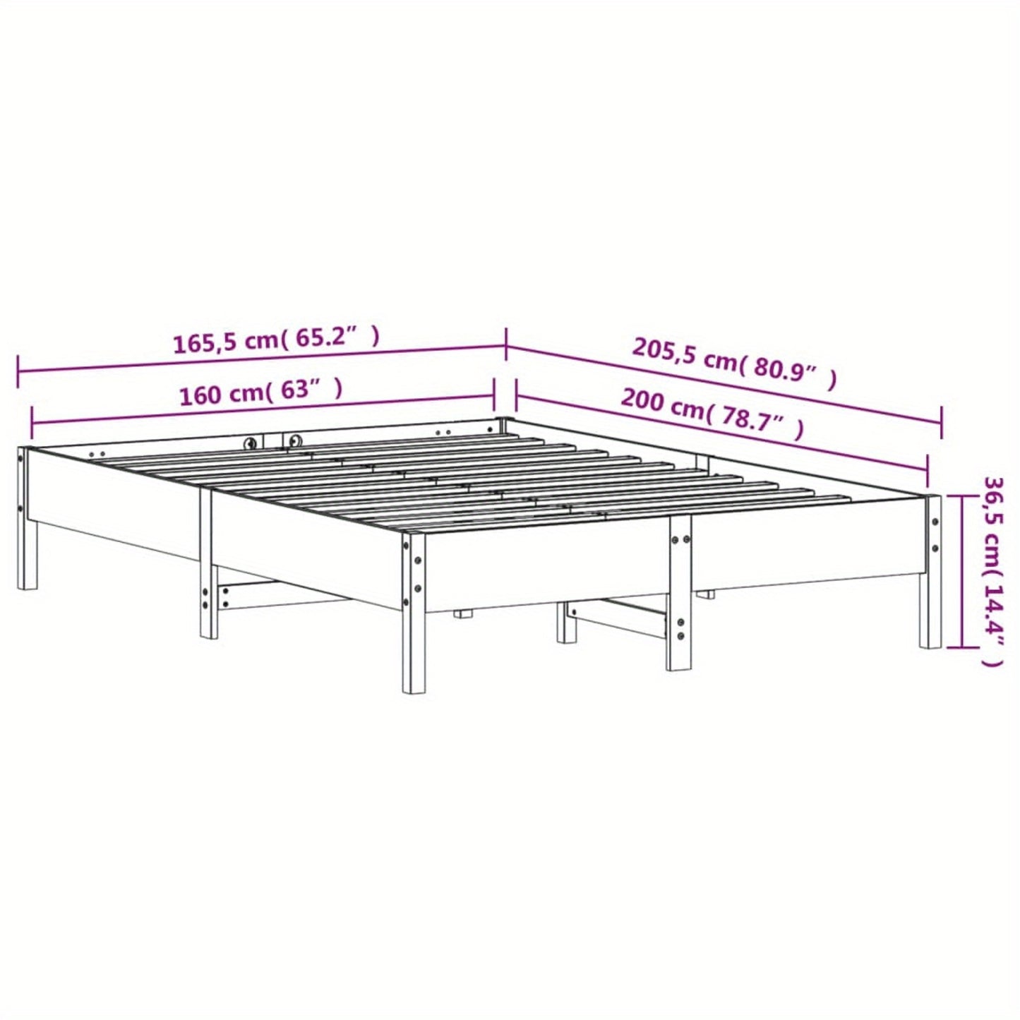 Bed Frame without Mattress 160x200 cm Solid Wood Pine with Slat Support Platform Bed Frame Suitable for Mattress Size 160 x 200 cm for Bedroom