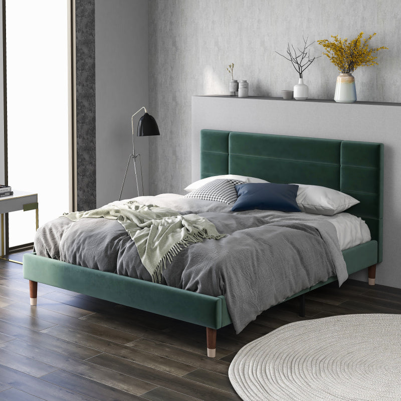 Double Bed with Slatted Frame - Dark Green Upholstered Headboard, Sturdy No-Assembly Bed Frame, Heavy-Duty Construction for Adults & Teens - Mattress Not Included - Ideal for Modern, Headboard Cover For Bed Padded, Headboard