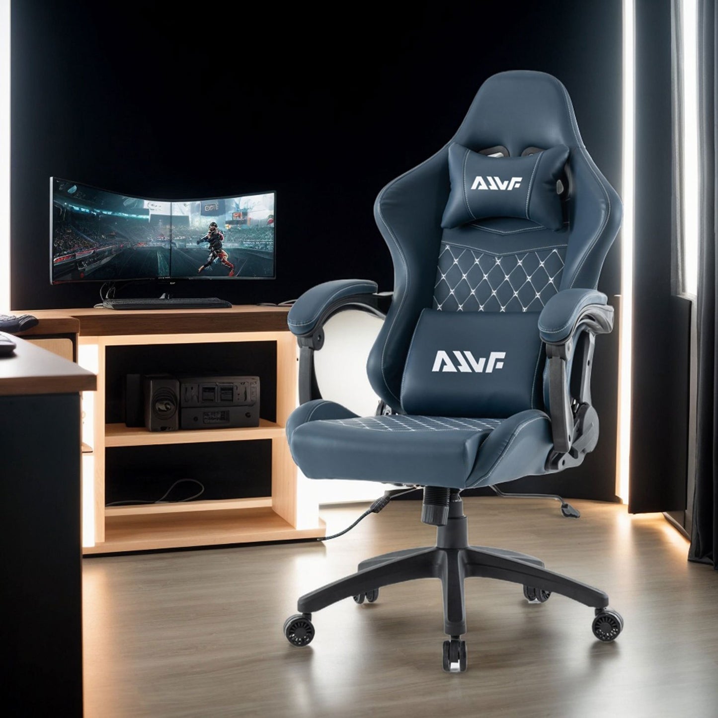 Gamingstoel – Bureaustoel – Gamestoel – Computerstoel – Ergonomische Stoel – Pocketvering Zitting – Inklapbare Voetensteun – Linkage Armleuningen – Hoge Rugleuning – RGB Cyaan