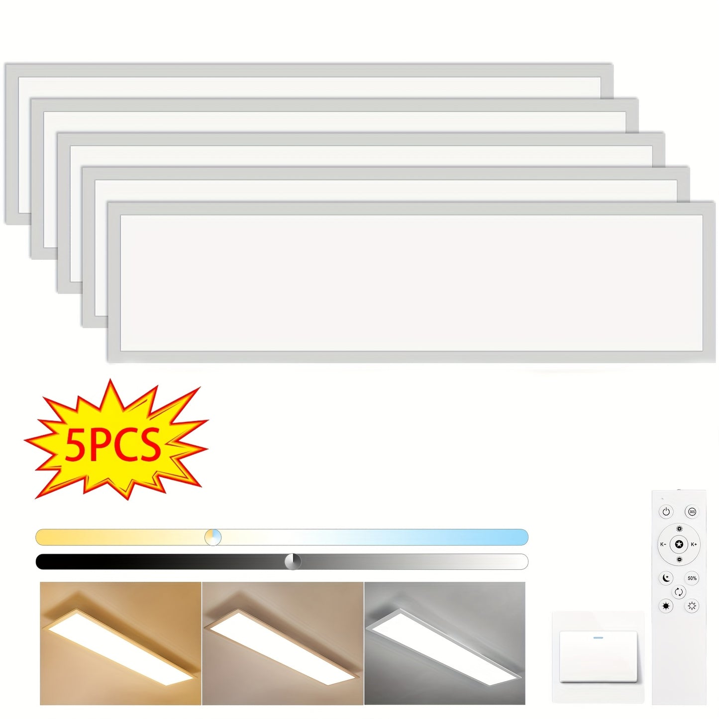 Moderne Dimbare LED Plafondlamp – LED Paneellamp – Plafondverlichting – LED Lamp – Dimbare Lamp – Set van 5 – 100 cm X 25 cm – Instelbare Kleurtemperatuur 3000K-6500K – Memory Functie – Afstandsbediening – Ultra Dun 3 cm – 30 Watt