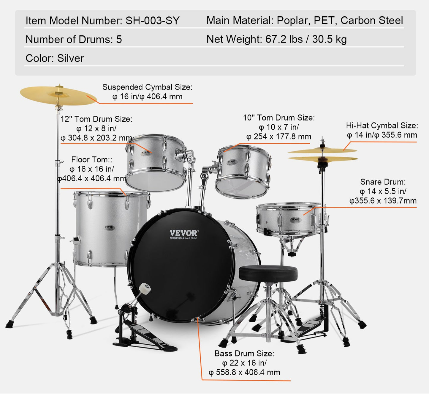 Drumstel – Drumset – Elektrisch Drumstel – E-Drum – Percussie Set – 5-delig Compleet – 22 Inch Bass Drum – Verstelbare Kruk