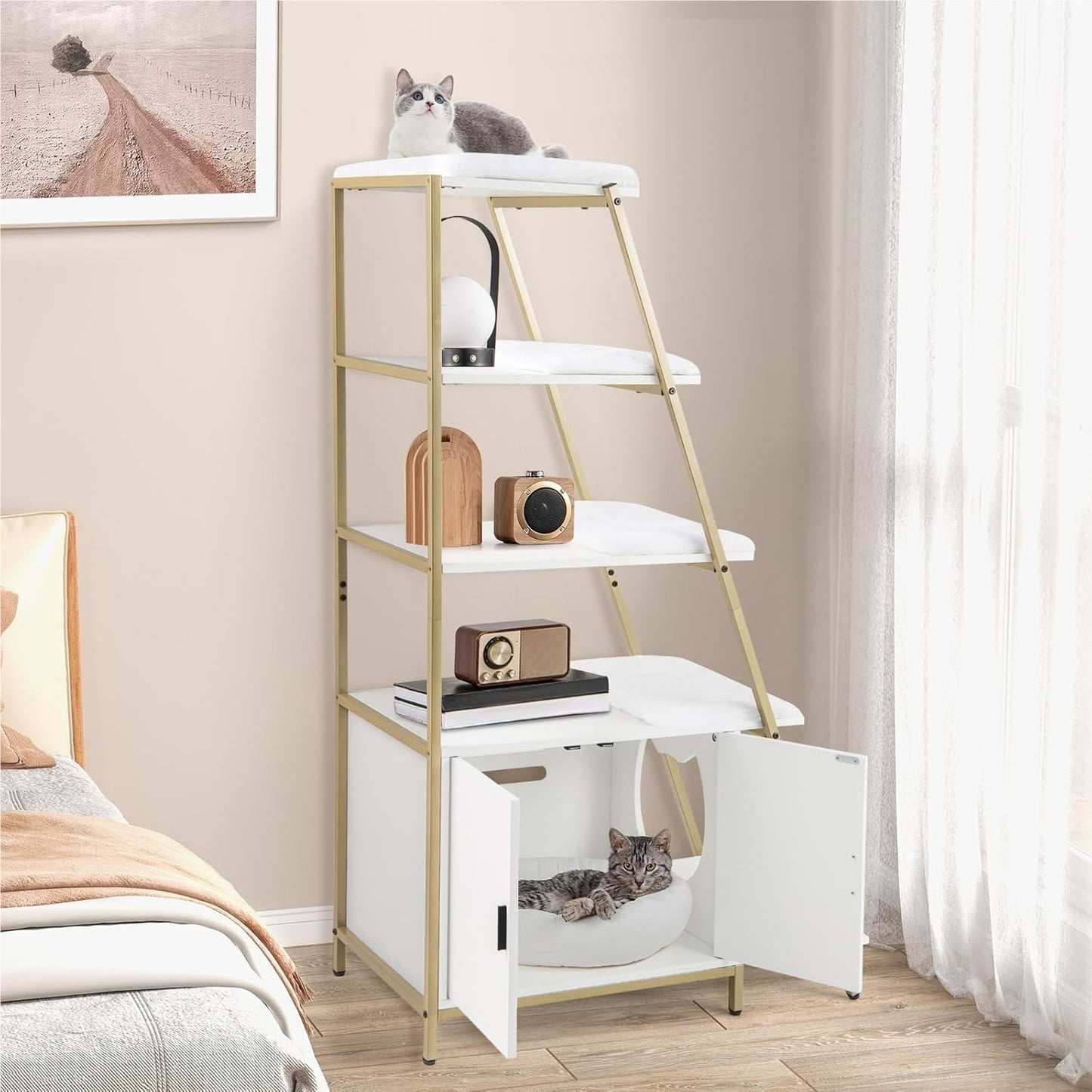 Kattentoiletkast – Kattenbakmeubel – Kattenkast – Kattenbakkast – Kattenhuis – Met 5 Wasbare Pluche Matten – Verstelbare Voeten & Ventilatieopeningen – Wit