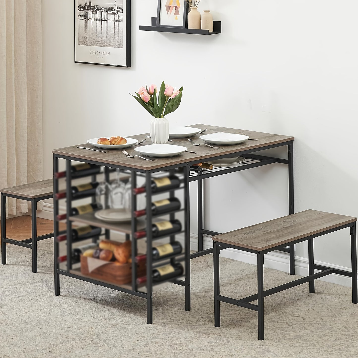 Eettafel Set 3-Delig – Keukentafel – Tafel Met Bank – Bistro Set – Kleine Eettafel – Compact Ontwerp – Hardhouten Blad & Wijnrek – Zwart Metalen Frame – Ruimtebesparend Voor Kleine Woonruimtes