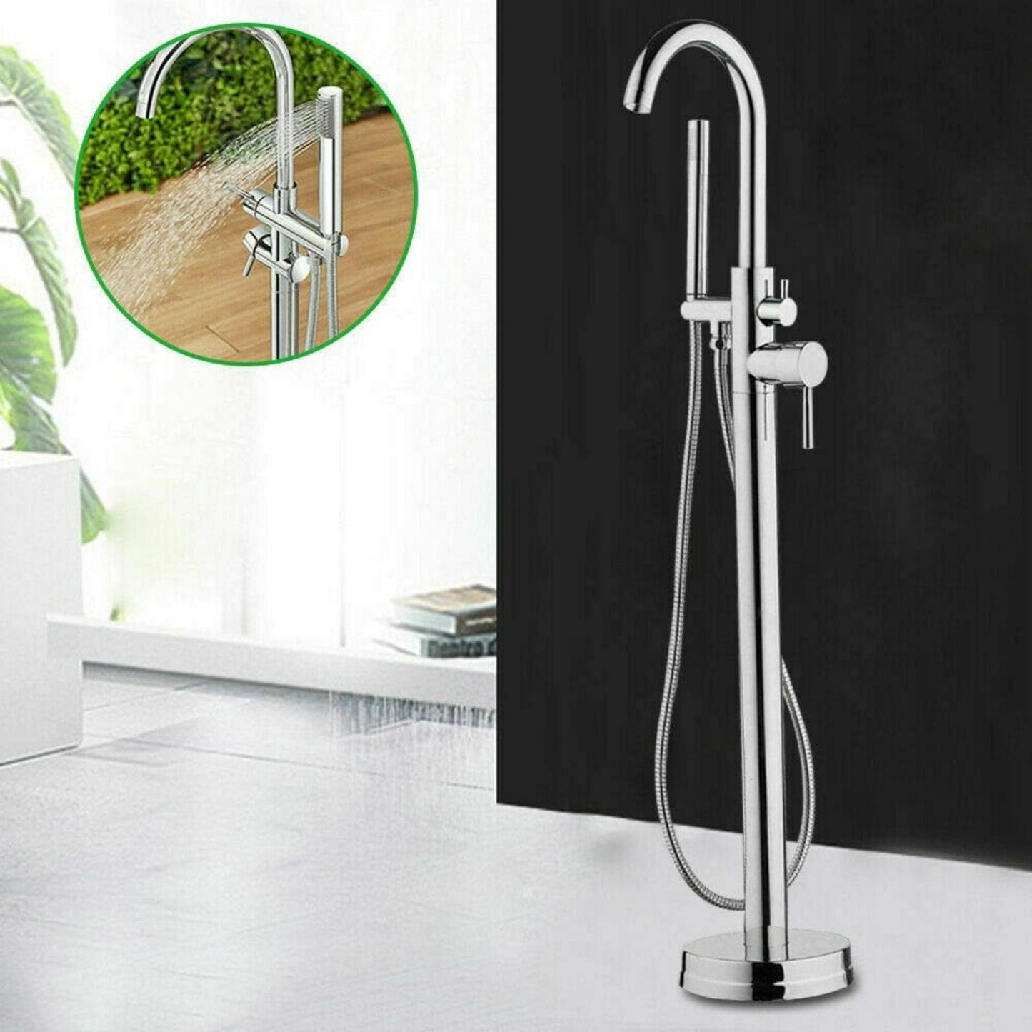 Badkraan – Vrijstaande Badkraan – Badmengkraan – Douchekraan – Badkuipkraan – Chroomgekleurd Messing – Vloerbevestiging – Met Handdouche – Instelbare Hoogte 118 cm