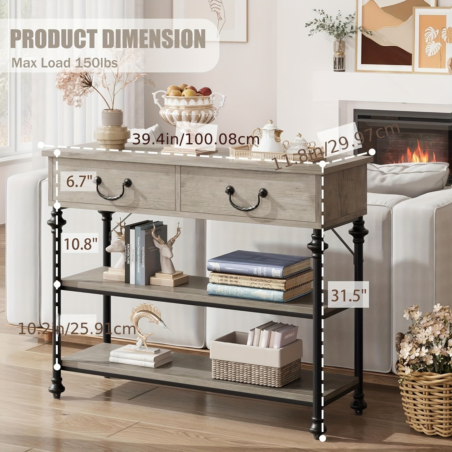 Sidetable – Wandtafel – Haltafel – Console Tafel – Bijzettafel – Smal Rustiek Grijs – Metaal Frame – 69 cm Hoogte