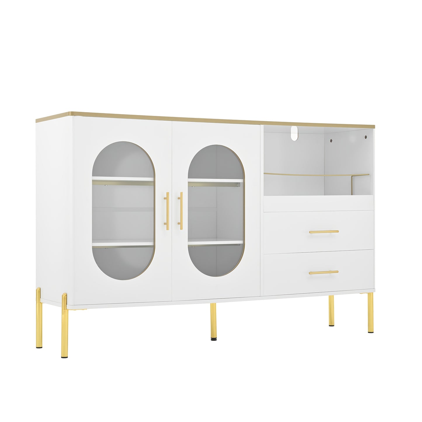 Modern White Sideboard with Golden Accents - Contemporary Metal Cabinet, 2 Drawers & Glass Doors Storage Unit, No Assembly Required for Living Room, Dining Room, Hallway - Elegant Home Decor Furniture, Versatile Cabinet, Slee