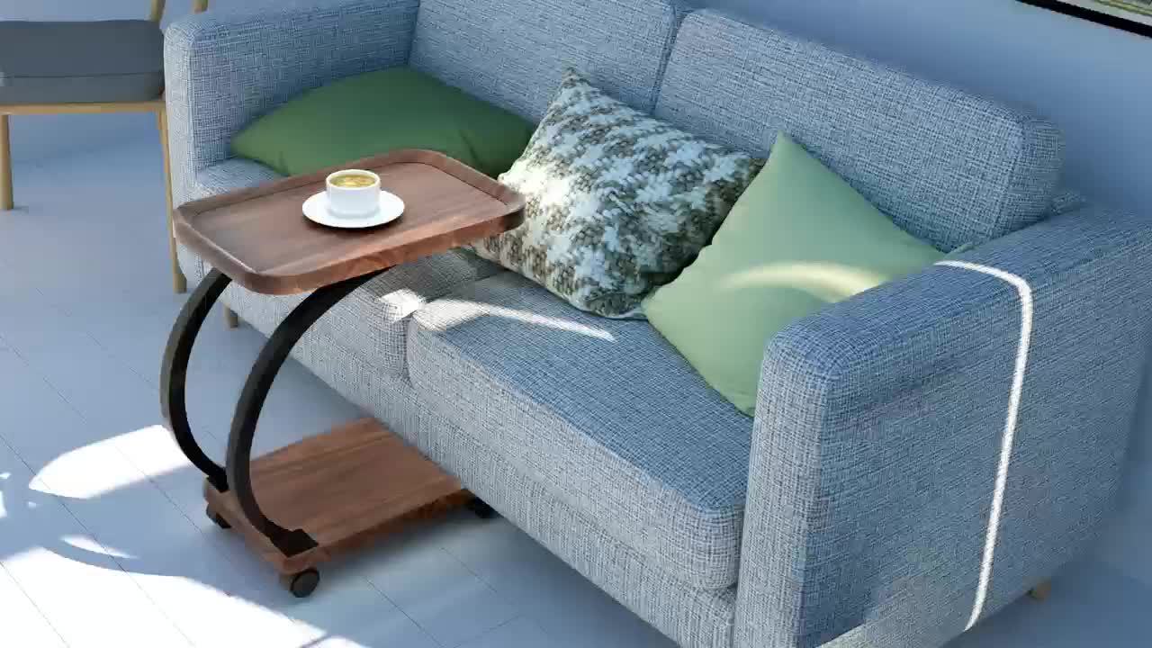 Bijzettafel – Sofa Tafel – Banktafeltje – Nachtkastje – Zijtafel – Vintage Design – Hout & Metaal – Wieltjes – Dubbel Plank – Walnoot – Geen Elektriciteit