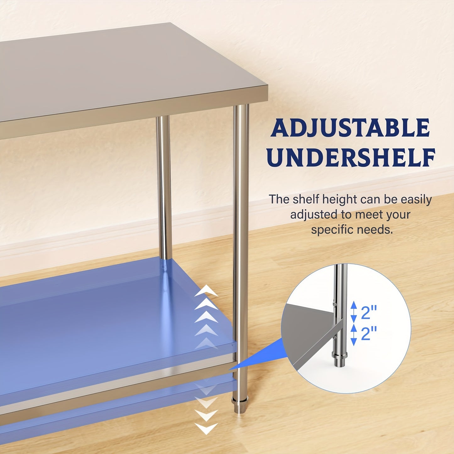Heavy-Duty Commercial/Residential Stainless Steel Table 91.44cm x 60.96cm 2-Tier Prep Work Table with Adjustable Undershelf & Pre-Assembled Feet - Easy Assembly Large Service Table for Restaurant, Kitchen, Home, Garage - Dura