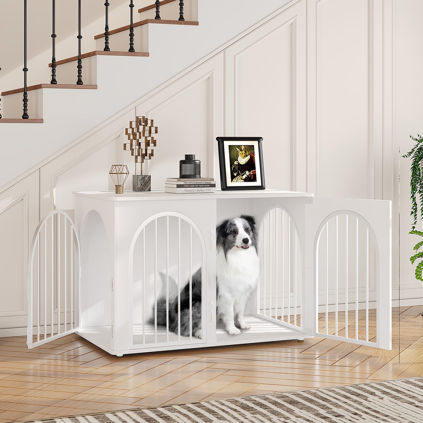 Modern & Black Dog Crate Furniture with 3-Arched Doors & Side Table - Sturdy Iron Construction, Spacious 100x60x63cm Indoor Kennel for Large Dogs, Durable Pet House with Storage Shelf, Decorative & Functional Design for Home - QUORE
