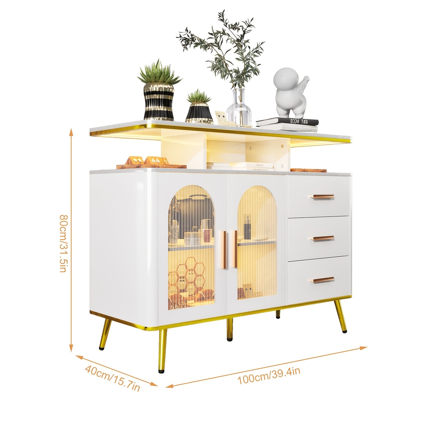 Dressoir – Sideboard – Opbergkast – Buffetkast – Ladekast – Modern Wit – 100 cm Breed – Glazen Deuren Met 3 Lades – MDF Met Metalen Frame