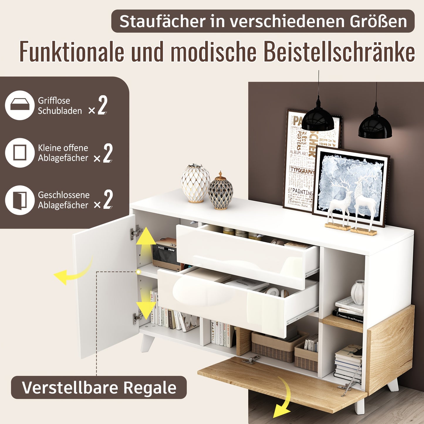 Opberkkast – Bergkast – Kast – Dressoir – Wit en Khaki – Bamboe Materiaal – Geen Montage Nodig