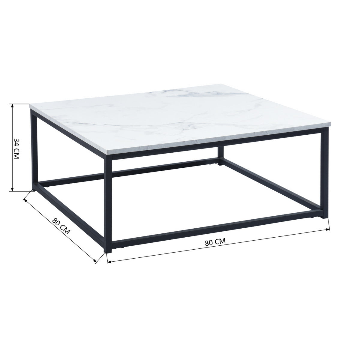 Salontafel – Koffietafel – Tafeltje – Woonkamertafel – Bijzettafel – Zwart – Marmerlook MDF – Industrieel Design – 80x80x34 cm – Stevig Metalen Frame – Eenvoudig Montuur