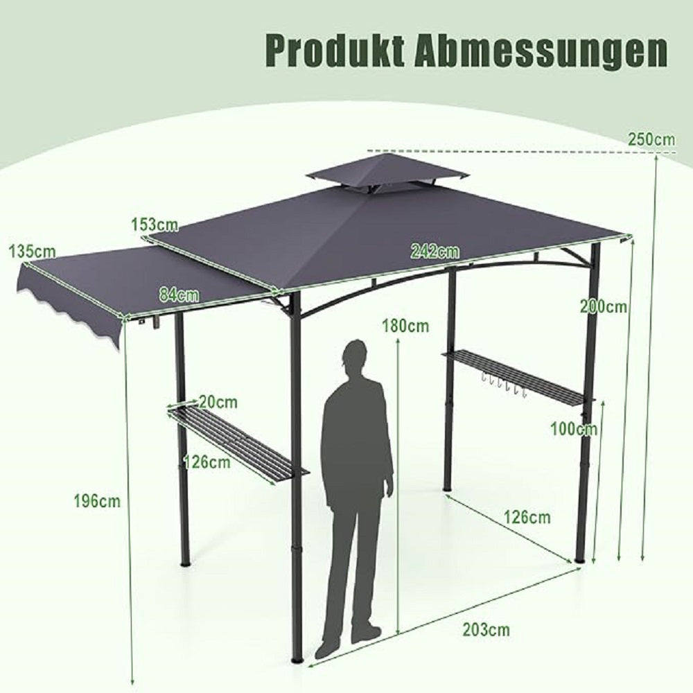 Grill Gazebo – Barbecue Overkapping – BBQ Tent – Tuinoverkapping – Buitenkeuken – Zijluifel Met Hydraulische Steunen – Dubbel Dak Voor Ventilatie – 318x153x250 cm