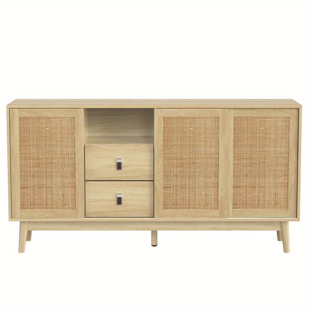 Dressoir – Sideboard – Opbergkast – Kast – Modern Meubel – 3 Schuifdeuren – 2 Lades – Natuurlijk Houtkleur – Ventilerende Rattan Deuren – Ruime Opbergruimte – Stevige Constructie – 155x38x80 cm