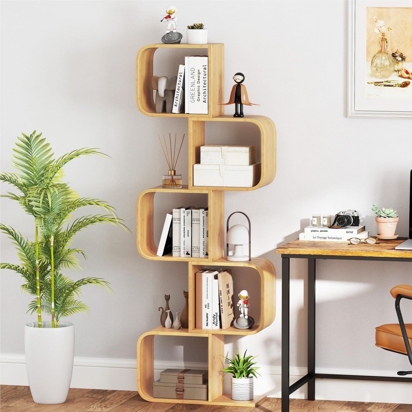 S-vormige Boekenkast – Bamboe Plank – Cube Rek – Geometrische Opbergkast – Decoratieve Wandplank – Duurzaam Natuurlijk Materiaal – Compact Ruimtebesparend Design
