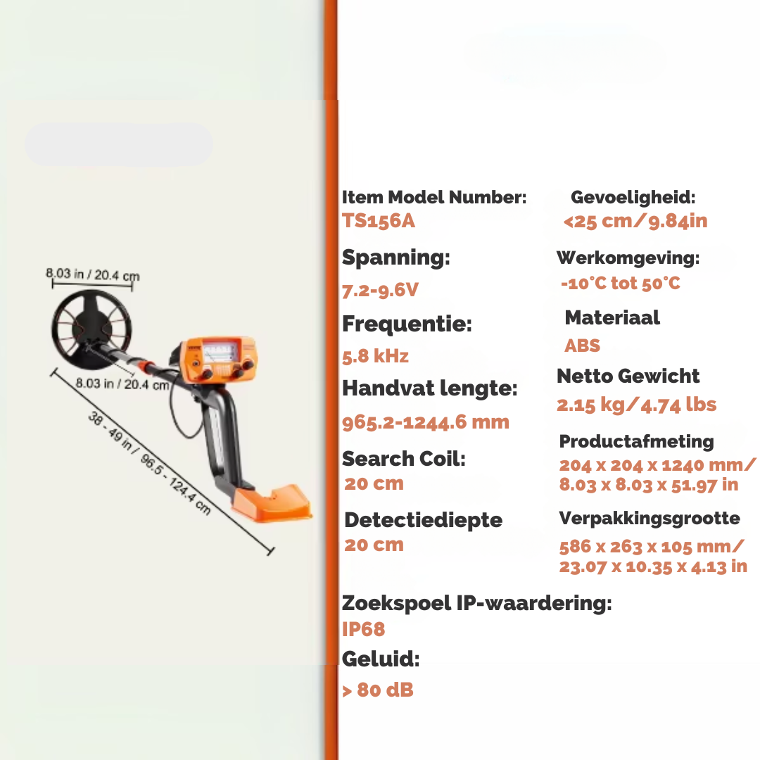 Metaaldetector - Metaalzoekapparaat voor professionals - Hoge nauwkeurigheid - Oplaadbaar - LCD-scherm - Verstelbaar 38-49in - 8in spoel - Zwart en oranje - QUORE