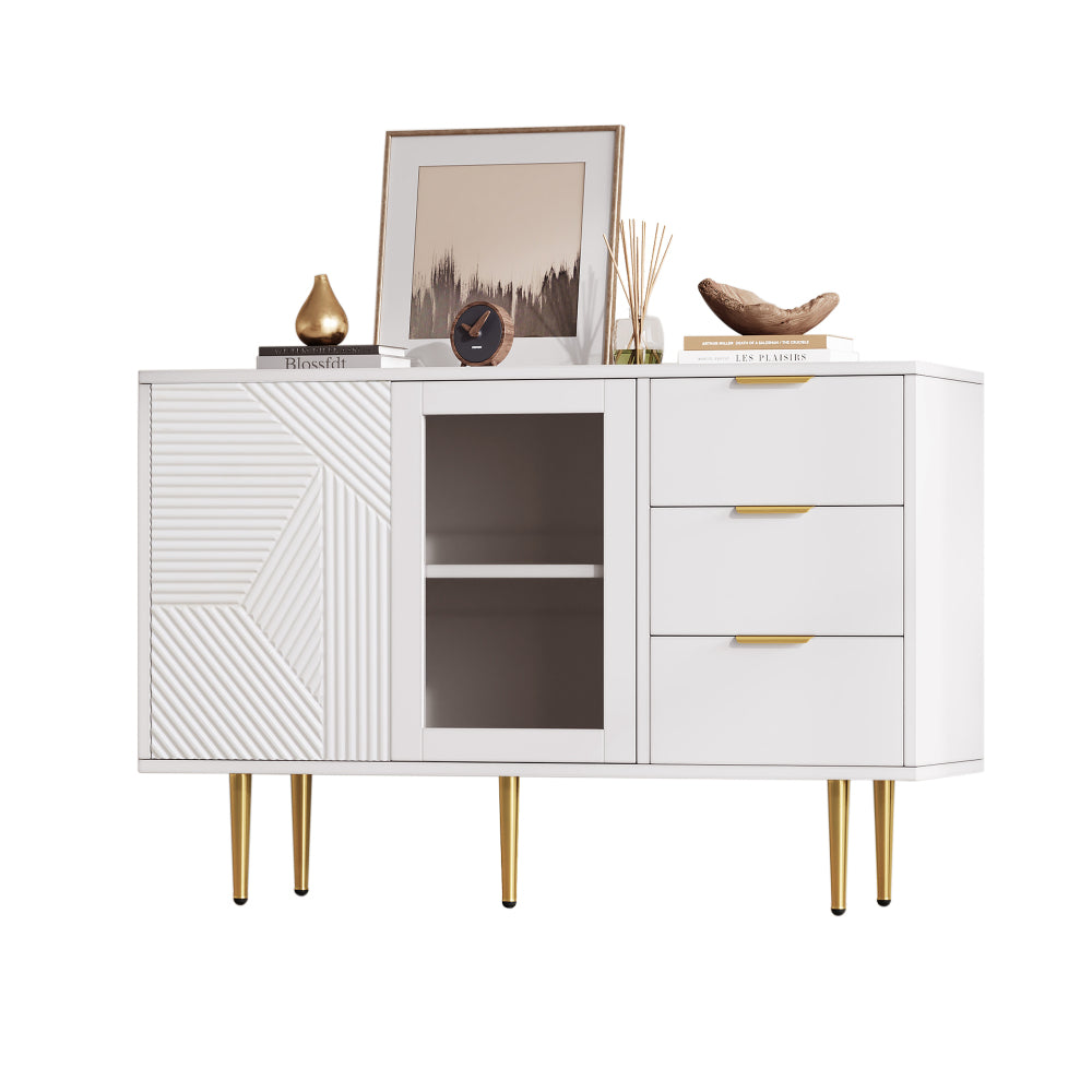 Kast – Dressoir – Opbergkast – Ladekast – Kledingkast – Wit Hoogglans – 3 Lades en 2 Glazen Deuren – Metalen Pootjes – 120x38x79,5 cm