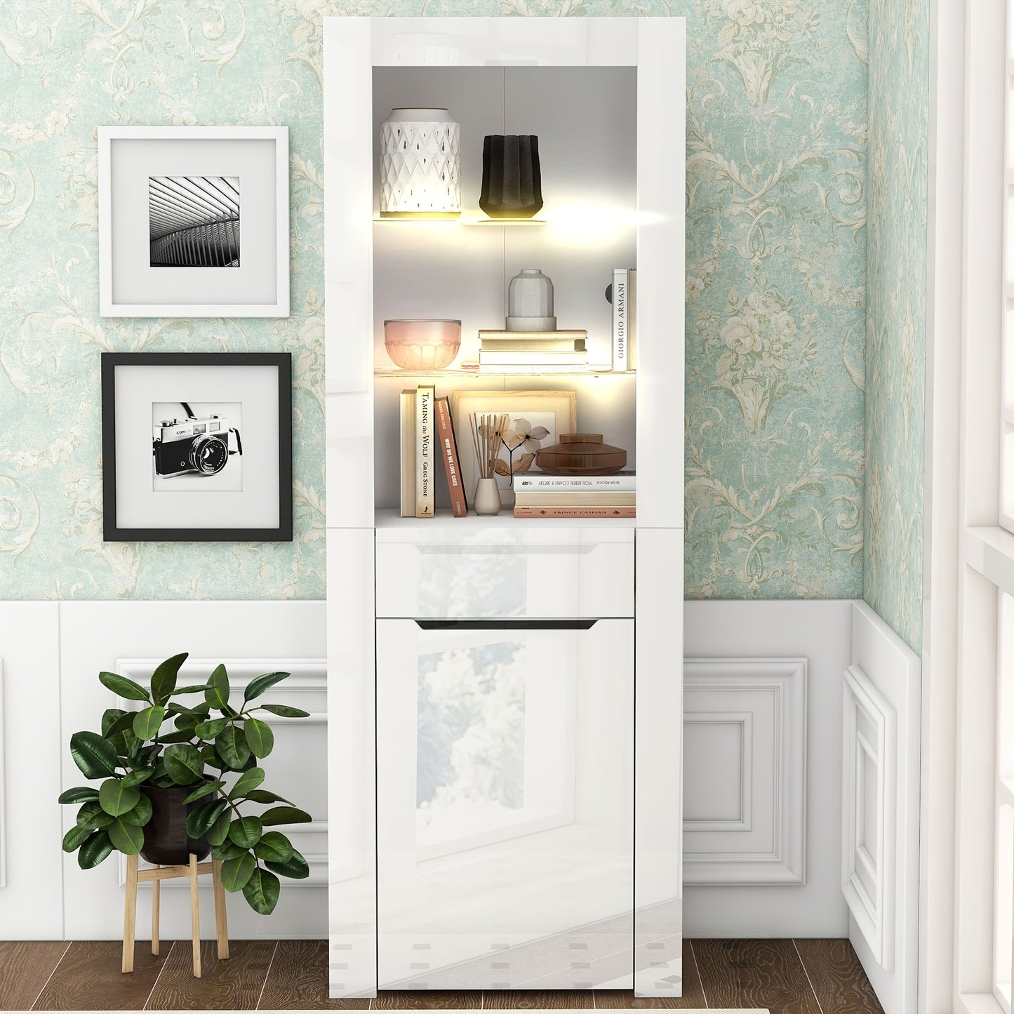 Modern White Freestanding Display Cabinet with Doors & Shelves - Heavy-Duty /Metal Frame Bookcase, 68.58cm+ Tall Storage Unit for Living Room, Kitchen, Office - No Assembly Required, Space-Saving Vertical Organizer (≥3.2 Cu