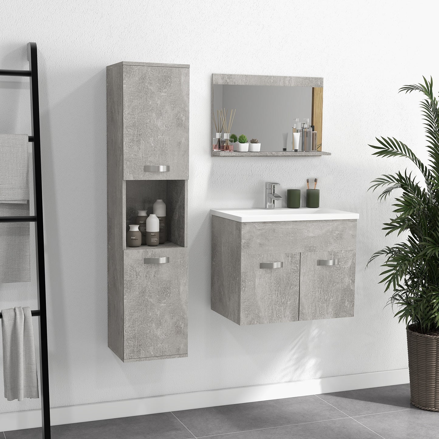 Badkamermeubelset – Badkamerkast – Wastafelmeubel – Spiegelkast – Kolomkast – Hangend Ontwerp – MDF Hardhout Afwerking – Grijs
