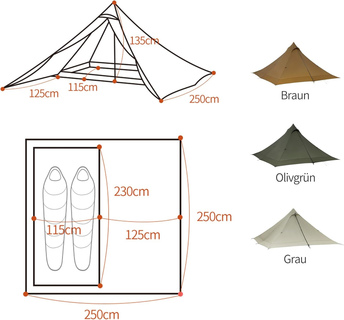 Thous Winds Campingtent, outdoor tent voor 2 personen, waterdicht, 4 seizoenen, winddicht, ultralichte piramidetent voor solo-wandelaars, camping, outdoor, bergbeklimmen, snelle opbouw