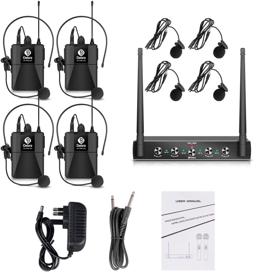 Debra Audio Pro UHF Draadloos 4-Kanaals Microfoonset met Lavalier en Headset, Metalen Ontvanger voor Karaoke en Kerk (B-frequentie)
