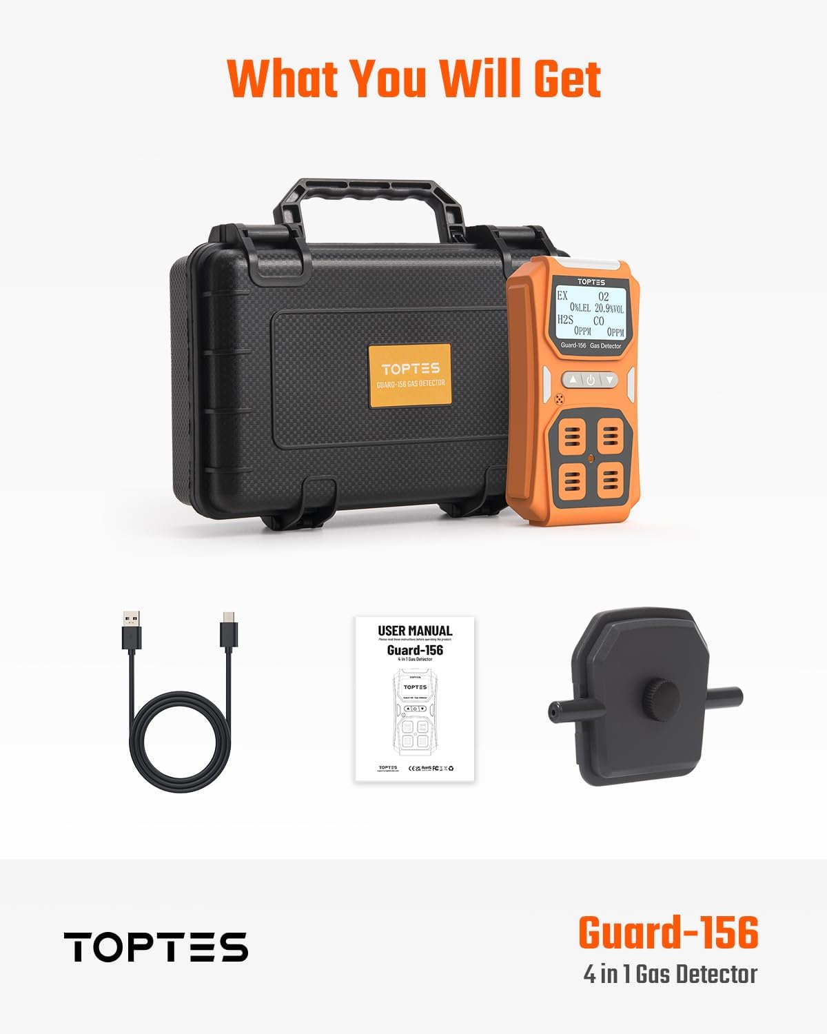 TOPTES Guard-156 4 Gas Monitor Multi Gas Detector voor H2S, CO, LEL en O2, drievoudige alarmmodi (visueel, trillingen, geluid), 20s snelle reactie, stof- en explosiebestendig ontwerp voor werk en