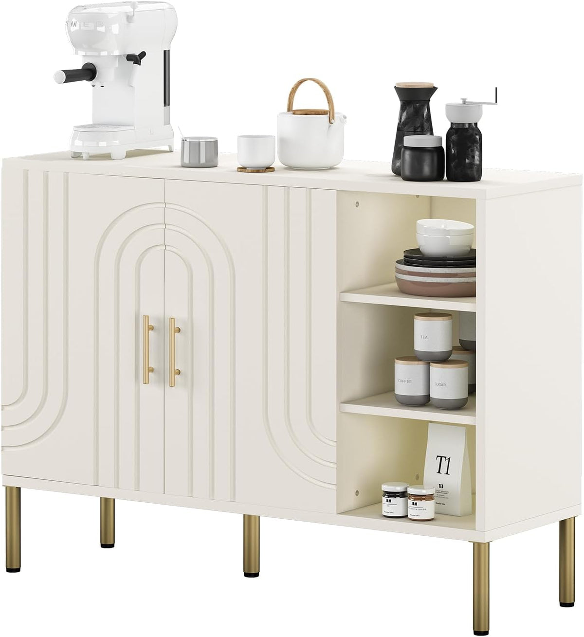 Buffetkast met gebogen texturen | Multifunctionele Sideboard - 2 deuren & 3 planken | Crème kleur 110x35x82 cm