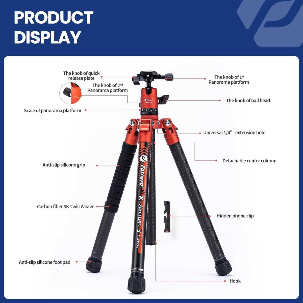 Fotopro 163 cm camerastatief van koolstofvezel met monopod kogelkop 360 1/4 snelontgrendelingsplaat, lichtgewicht reisstatief voor camera, maximale belasting 12 kg, X Aircross 3, oranje