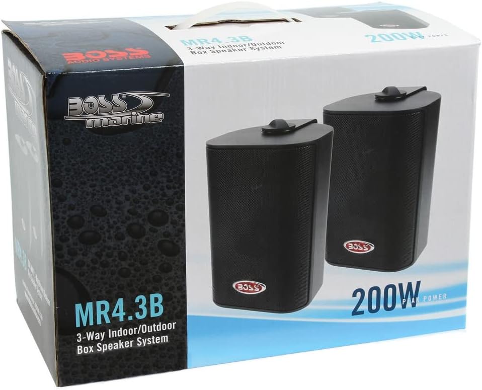 2 SPEAKERS compatibel met BOSS AUDIO SYSTEMS MR4.3B 3-weg zwart 100 watt rms 200 watt max waterdicht voor binnen en buiten + montagebeugels, een paar