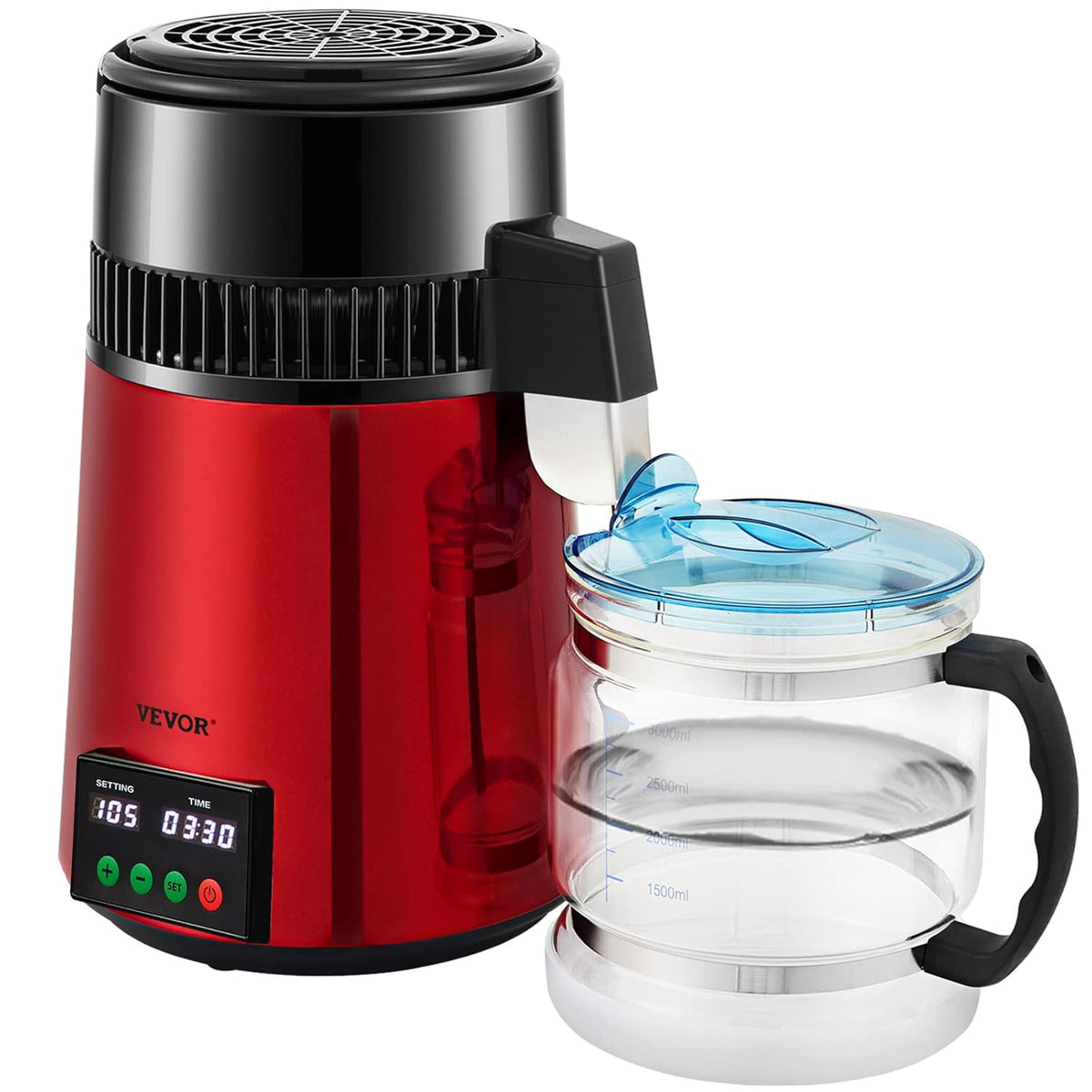 VEVOR Water Distiller 1L to H Household Red Water Distiller Produce Distilled Water 750W, Double Screen Stainless Steel Distiller Plant with Glass Jar Distilling Pure Water