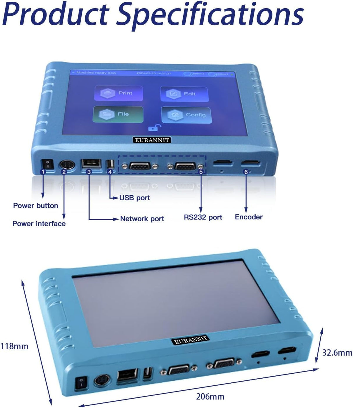 Automatische inkjetcodemachine voor de lijn, 260E thermische inkjetprinter met 7 inch touchscreen voor datum/partij/QRCode/Barcode/Logo enz. (1 mondstuk/12,7 mm)