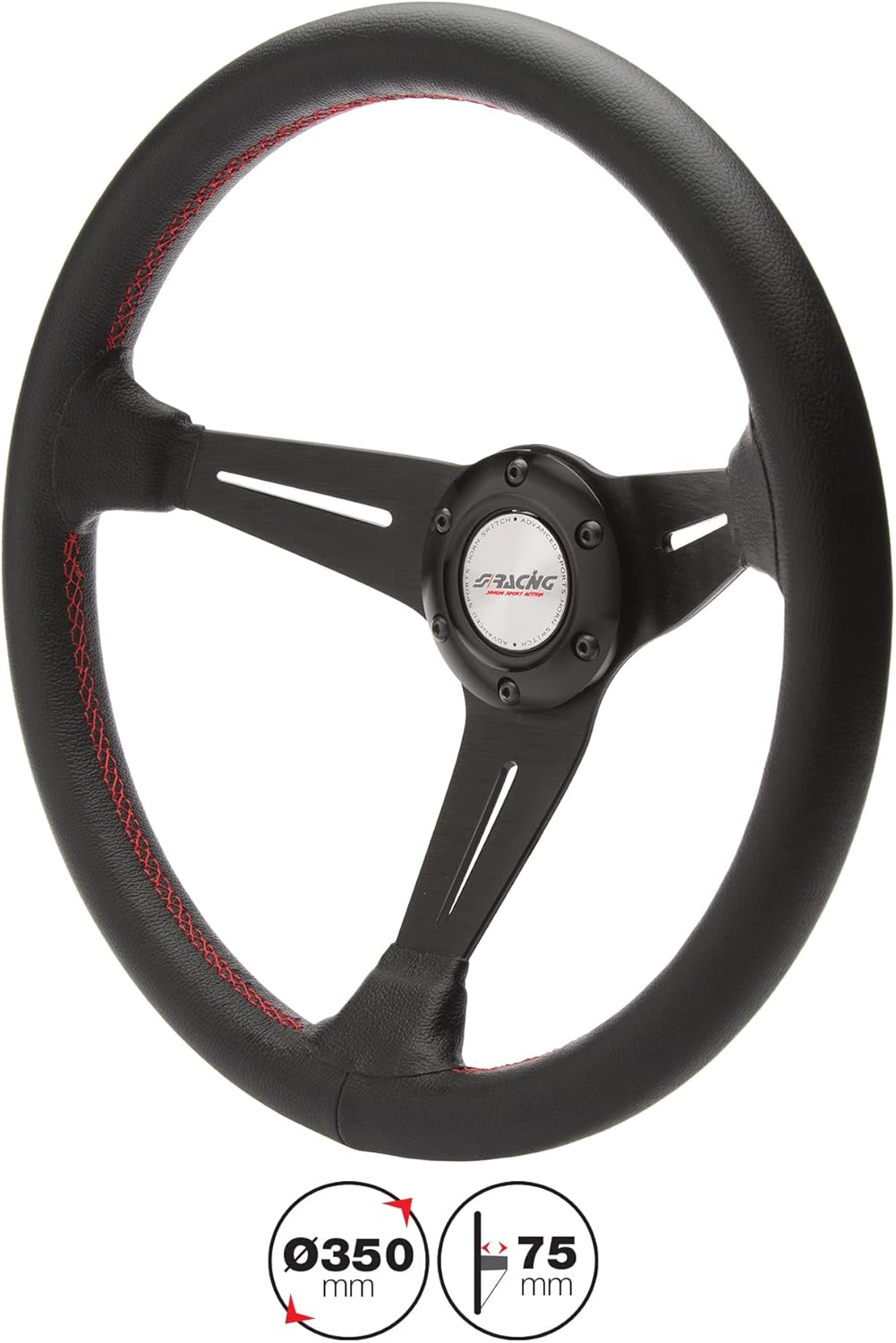 Sportief Universeel Stuur – Sportstuur – Leren Stuur – Auto Stuur – Racing Stuur – Echt Zwart Leer – Rode Stiksels – Diameter 350 mm