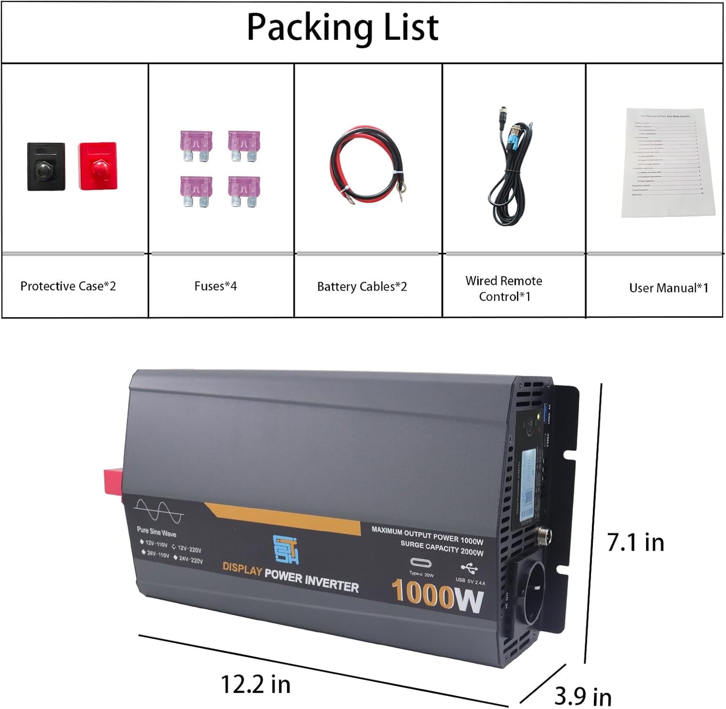 1000W pure sine wave inverter, 12V to 230V, auto-converter, grid-independent solar inverter with LCD display, 1 type C, 1 USB port, remote control,